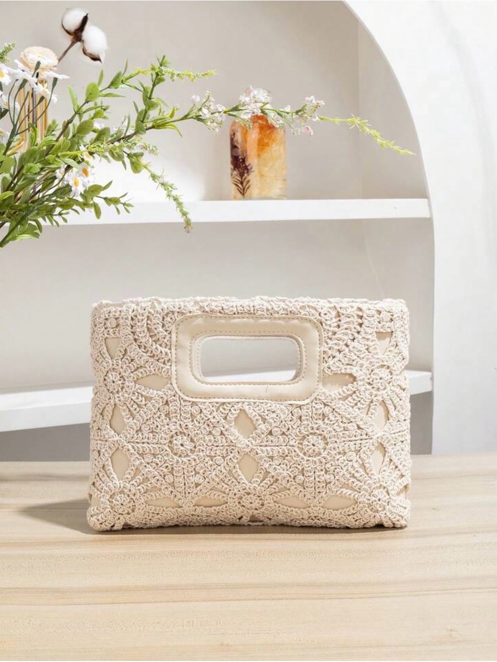 Crochet Frame Clutch Bag in Cream - Women's Handbag
